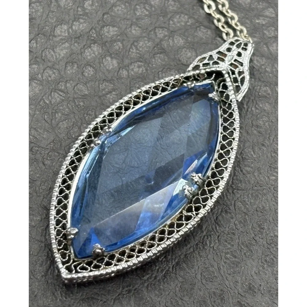 Vintage Czech Antique Blue Faceted Glass Marquise Drop Pendant Necklace 18